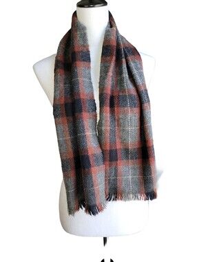 Cozy Wool Tartan Blanket Scarf Black, Red, Gray With Fringe 50" Long, 11.5" Wide